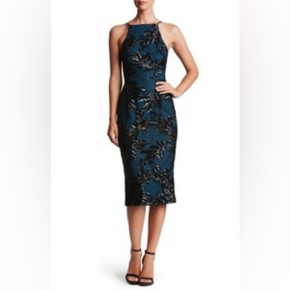 NWT Dress the Population Elegant Black and Blue Lace Sequin Dress